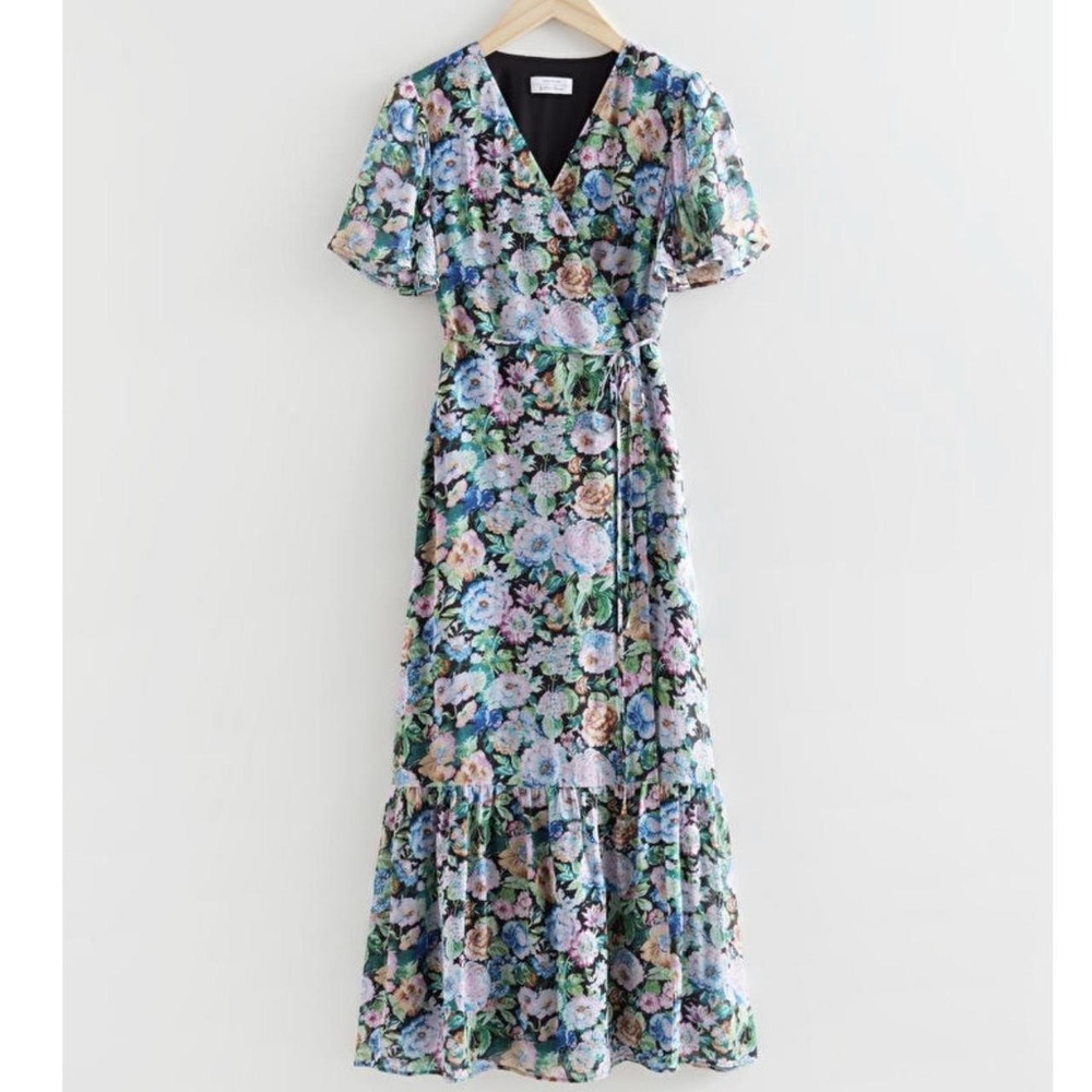 & Other Stories Floral Flutter Sleeve‎ Wrap Midi Dress in Size 38 US 7